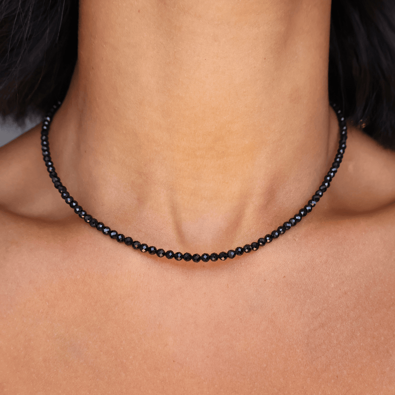 Black spinel crystal beaded necklace for protection and boundaries