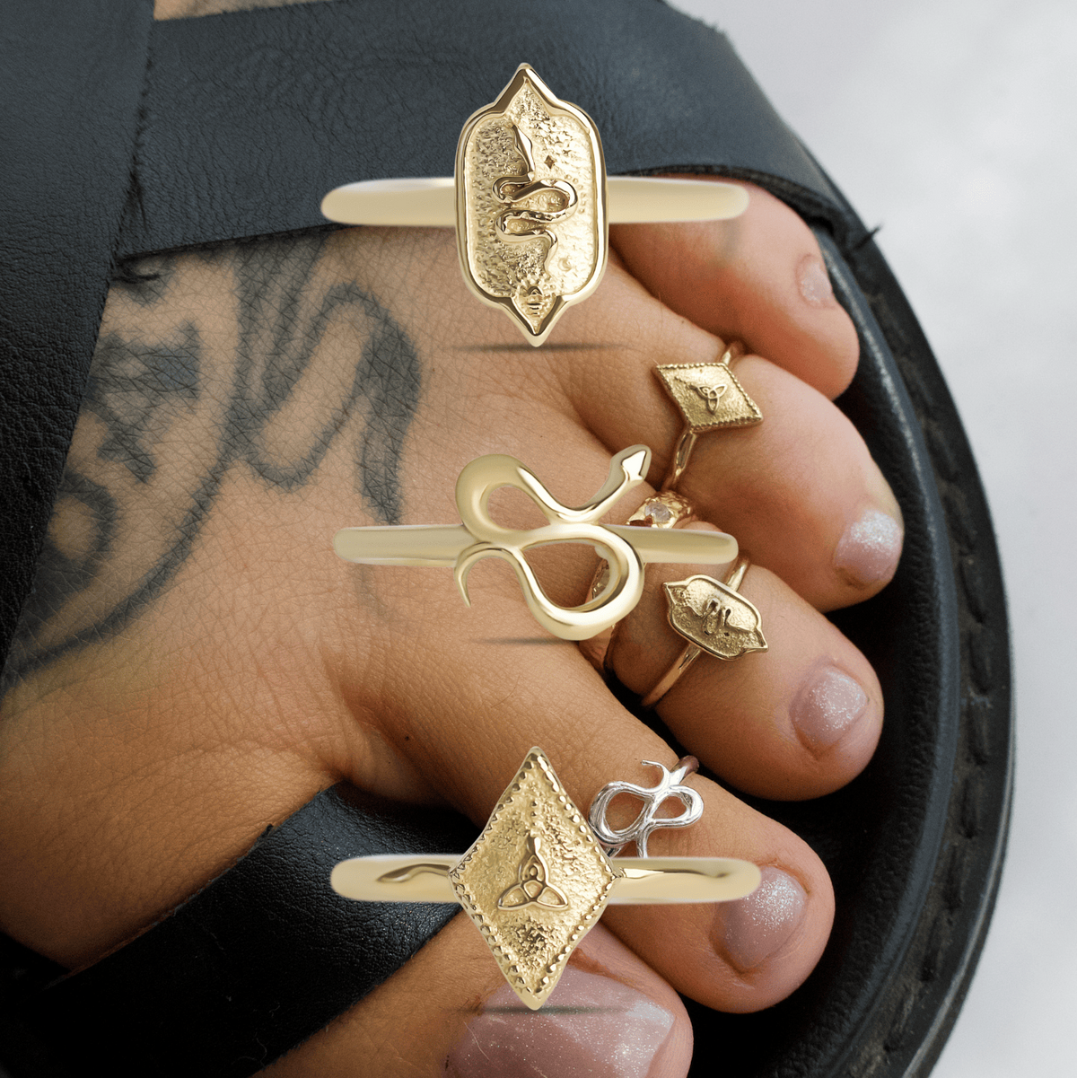 Three waterproof gold toe ring bundle
