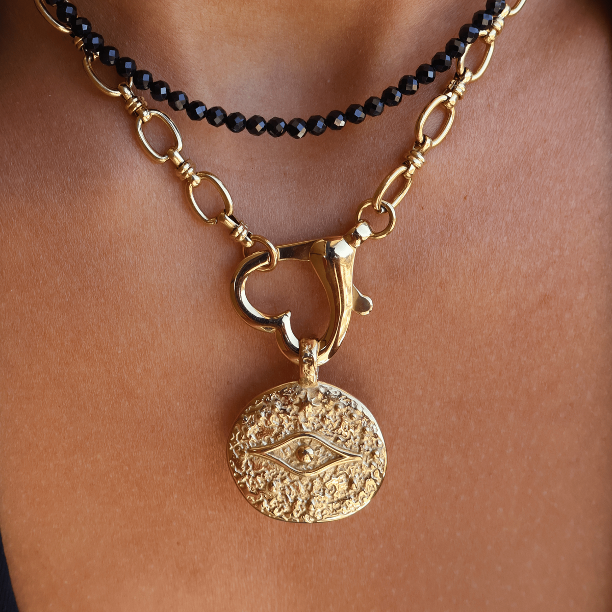 Athena engravable evil eye medallion charm in gold