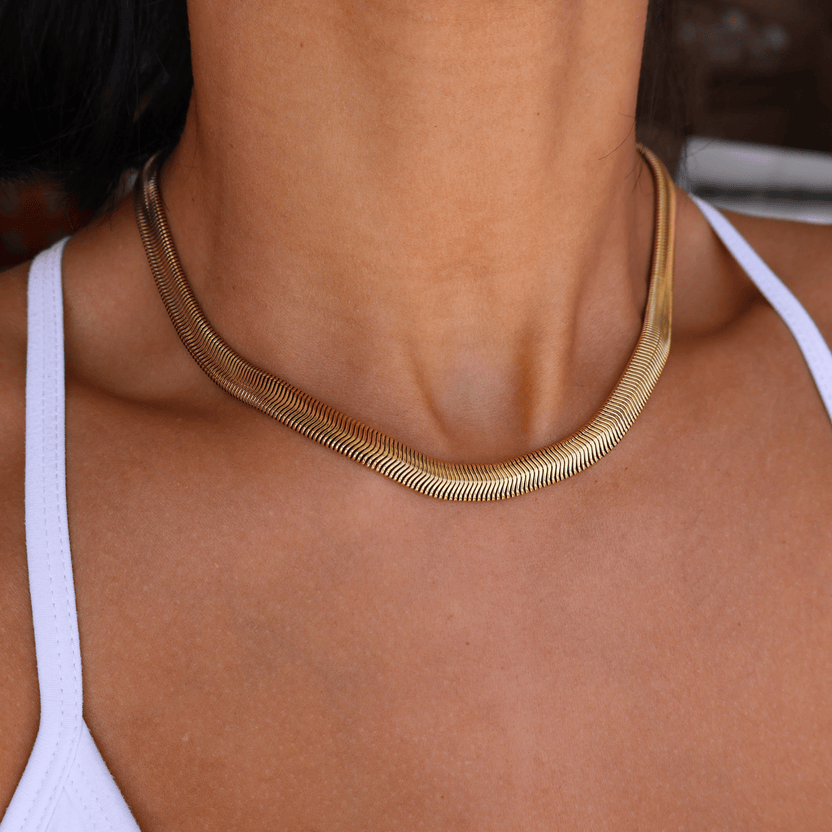 Bold herringbone chain necklace in waterproof gold