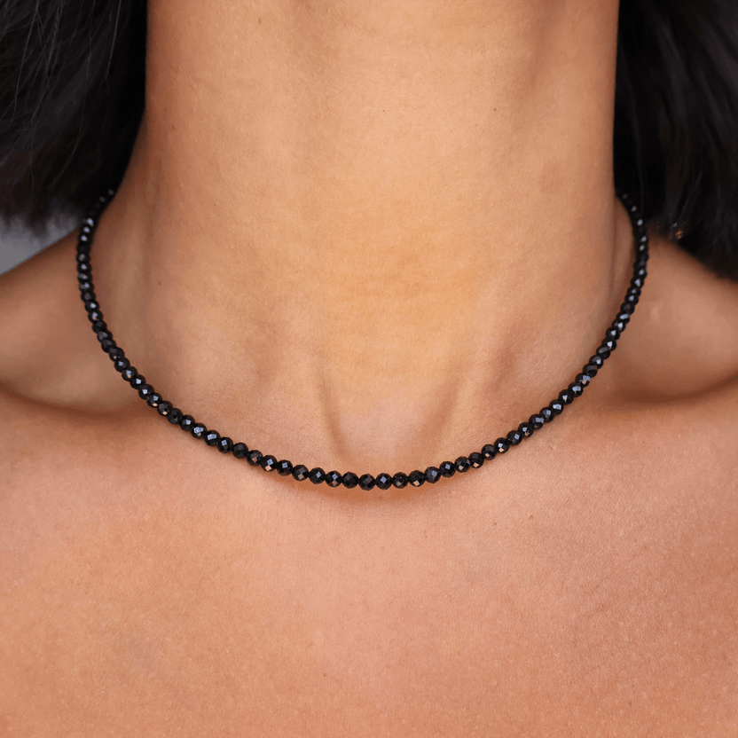 Black spinel crystal beaded necklace for protection and boundaries