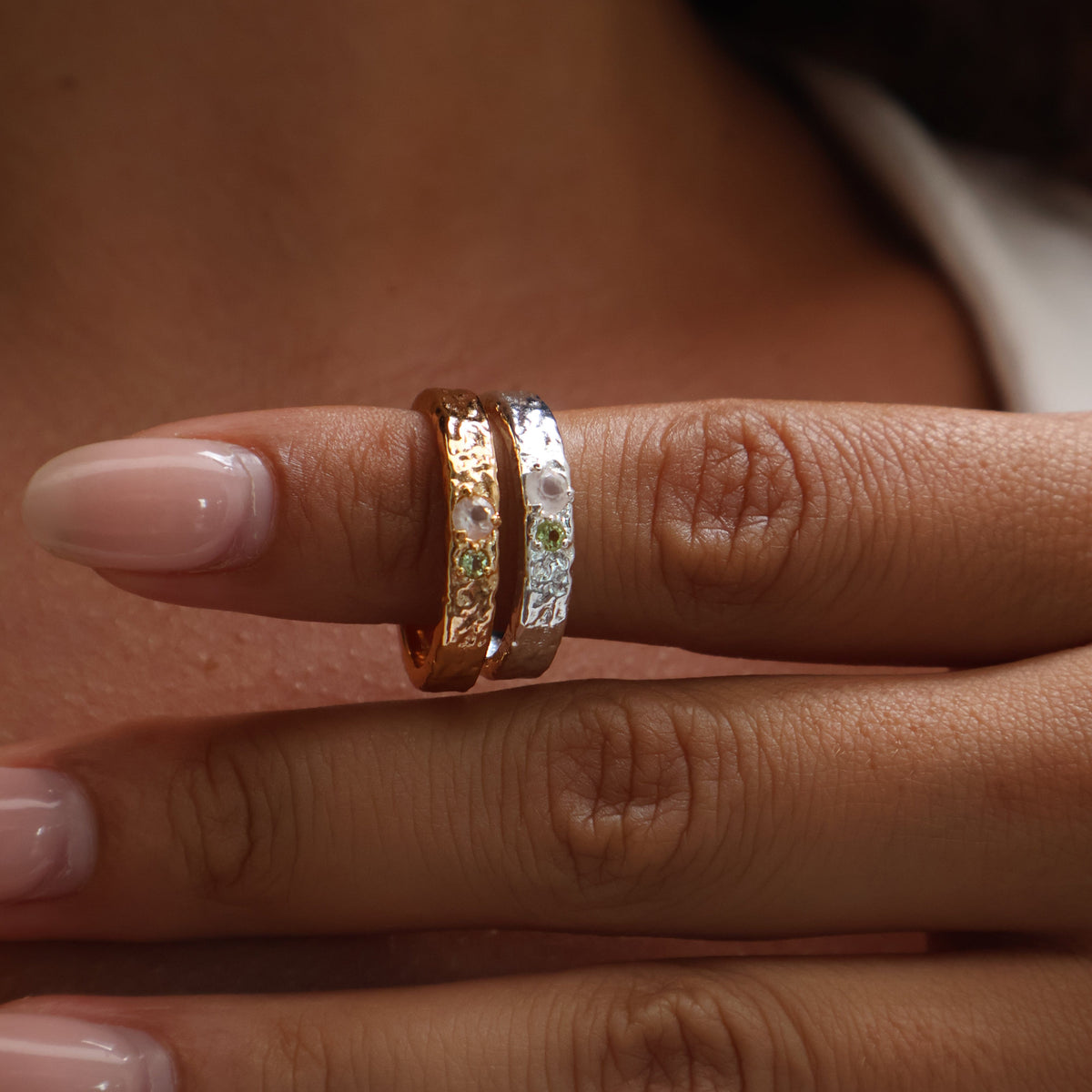 Sahara rose quartz and peridot ring for love and abundance