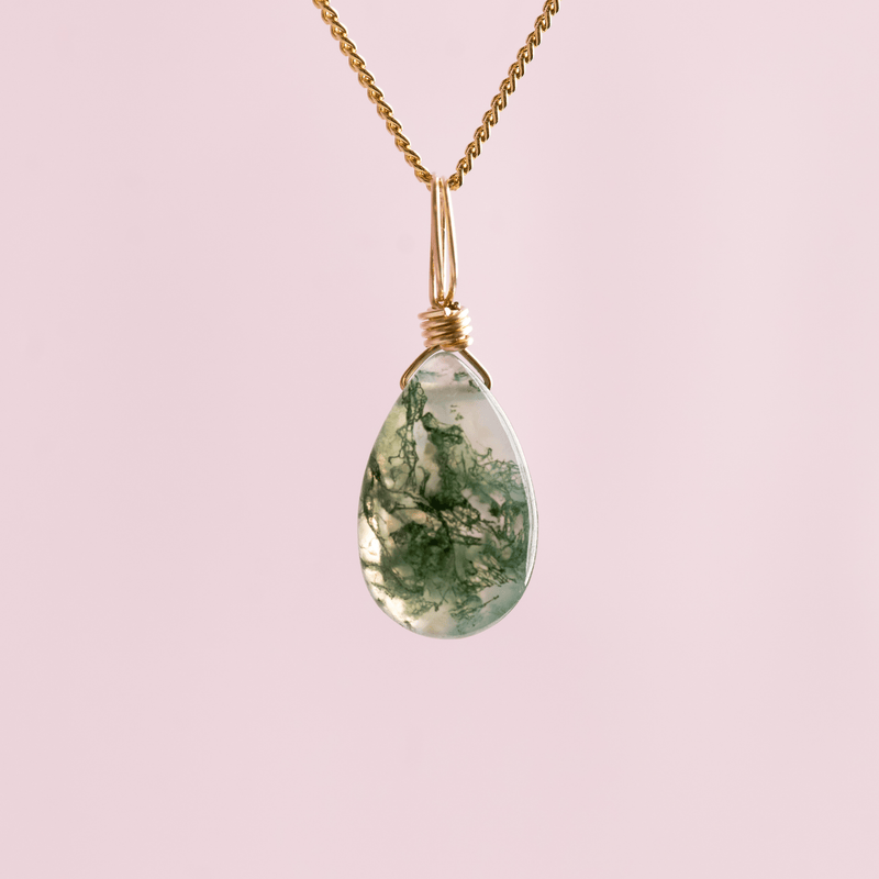 Moss agate crystal charm droplet for personal growth