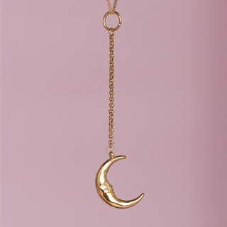 Whimsy crescent moon lariat charm in waterproof gold