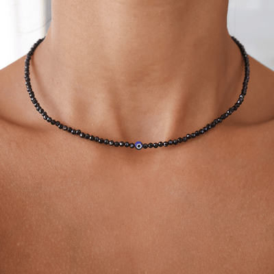 Black Spinel with Evil Eye for Protection - Crystal Beaded Necklace