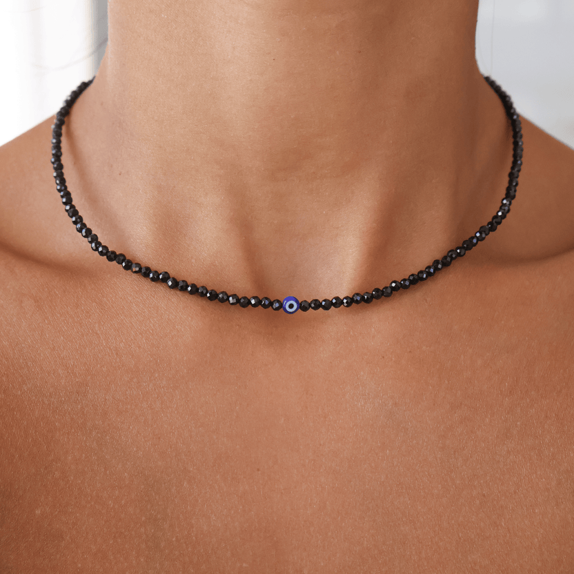 Black Spinel with Evil Eye for Protection - Crystal Beaded Necklace