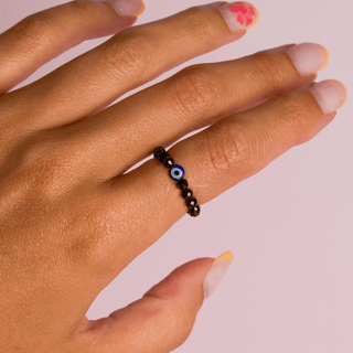 Black Spinel with Evil Eye for Protection | Crystal Beaded Ring