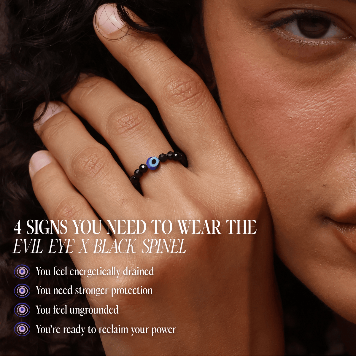 Black Spinel with Evil Eye for Protection | Crystal Beaded Ring