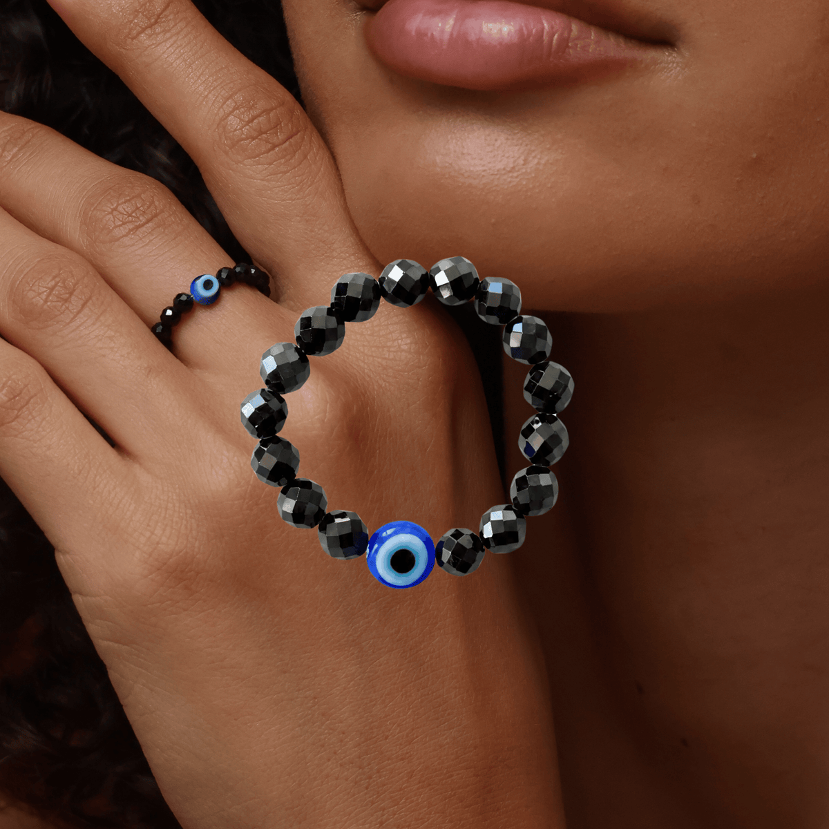 Black Spinel with Evil Eye for Protection | Crystal Beaded Ring