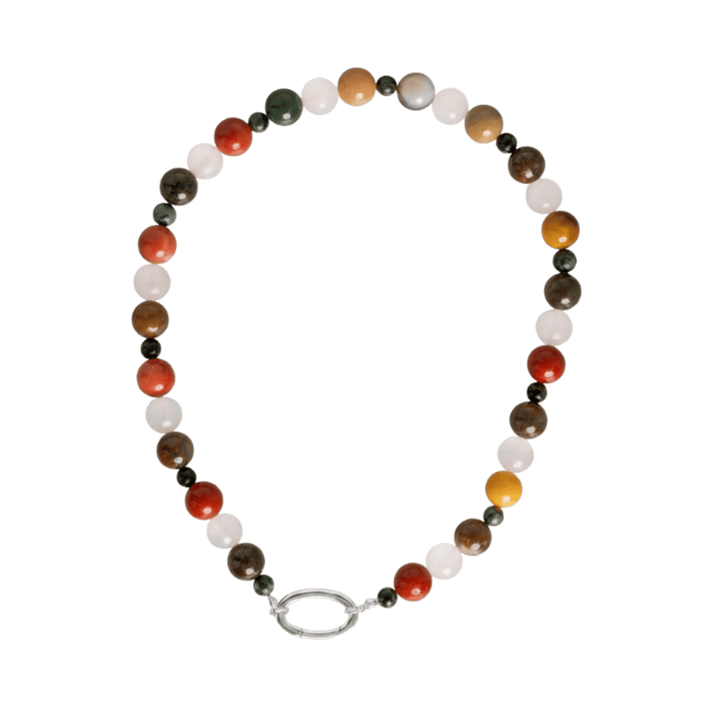 Grounded crystal beaded charm necklace with silver clasp