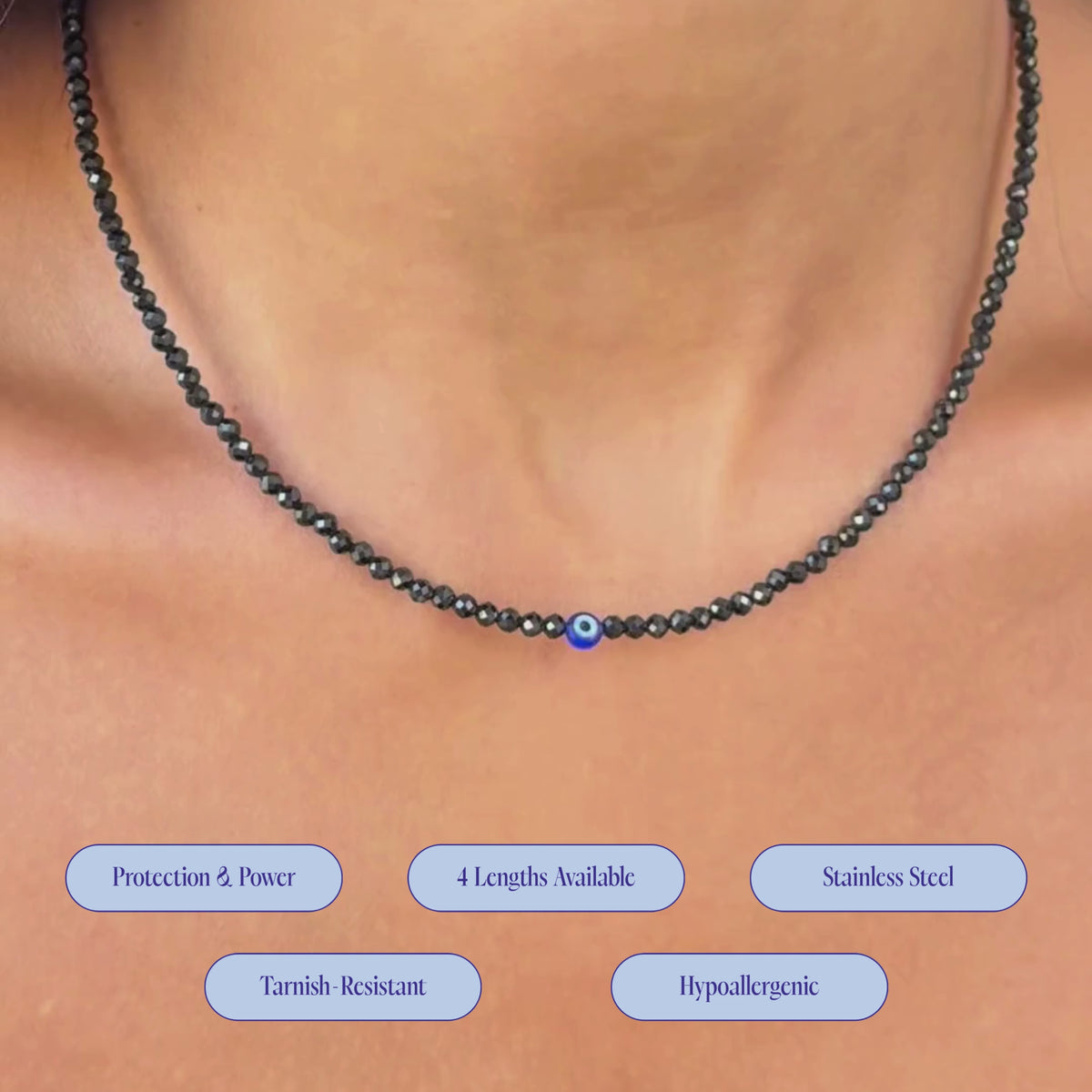 Black Spinel with Evil Eye for Protection - Crystal Beaded Necklace